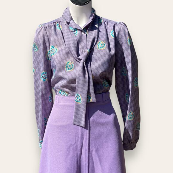 1990 Checkered, Purple, Button Up, w/ Necktie, Classic long Sleeve Size Medium - Picture 1 of 7